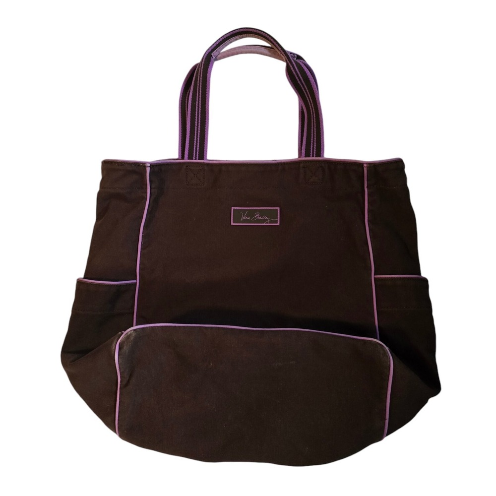 Vera Bradley Canvas Large Tote Bag 16x19 Brown Purple Outer Pockets Work Diaper